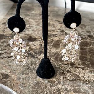 Pair of pierced post with mother of pearl chandelier style pink crystal earrings